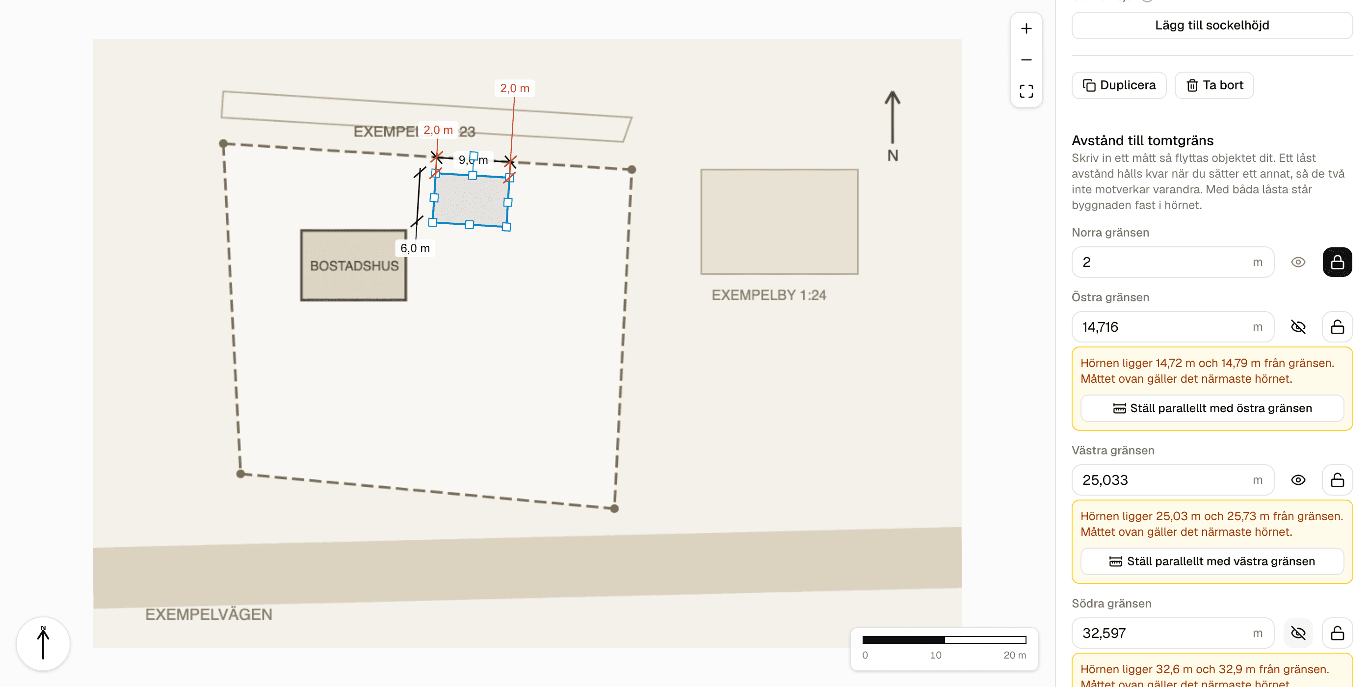 Ritytan med en byggnad placerad 2 meter från tomtgränsen. Måttet är utritat från båda hörnen och låst, och panelen till höger visar avståndet inskrivet i ett fält.