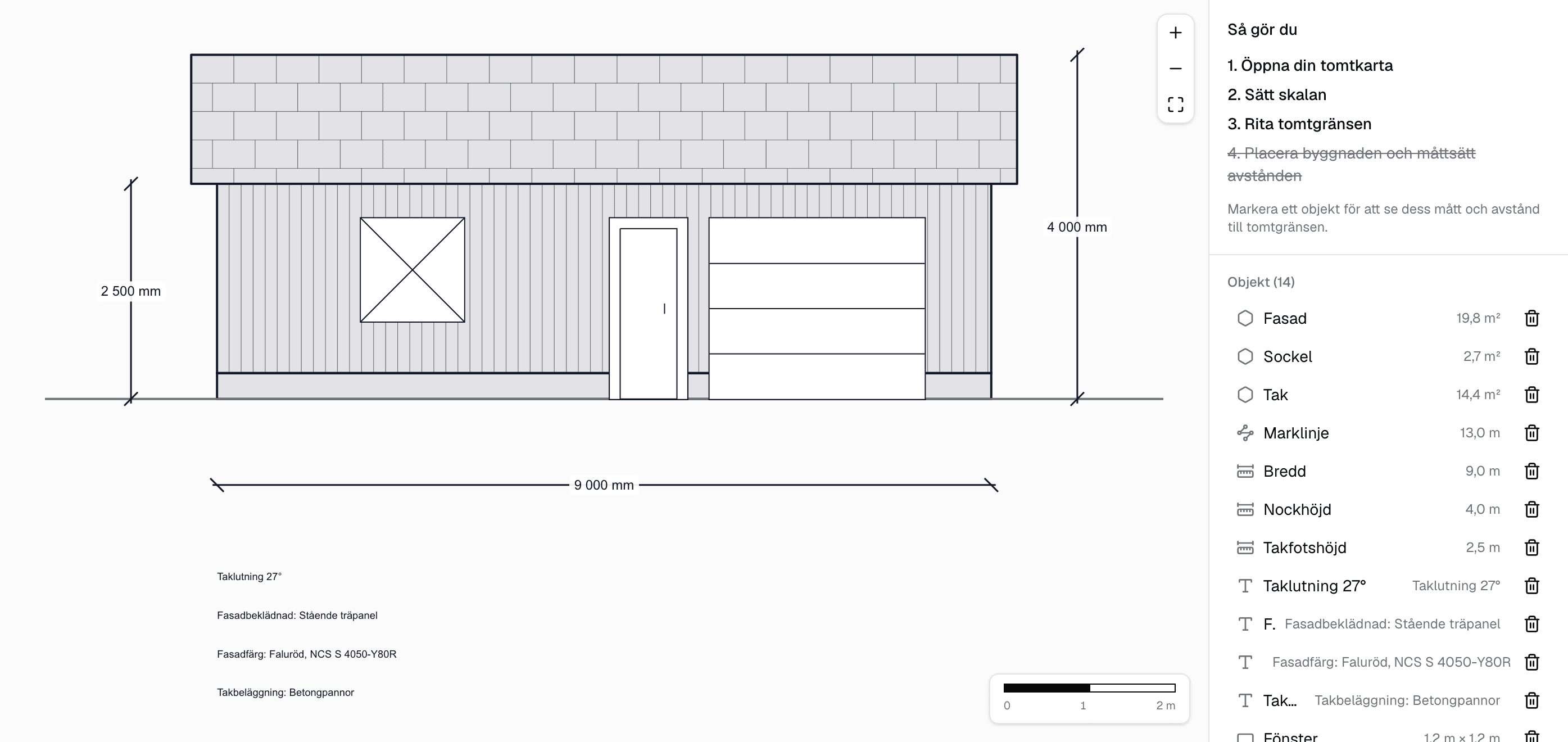 Ett fasadblad i verktyget: garage med stående träpanel, takpannor, sockel, fönster, dörr och garageport, måttsatt 9 000 mm brett med nockhöjd 4 000 mm.