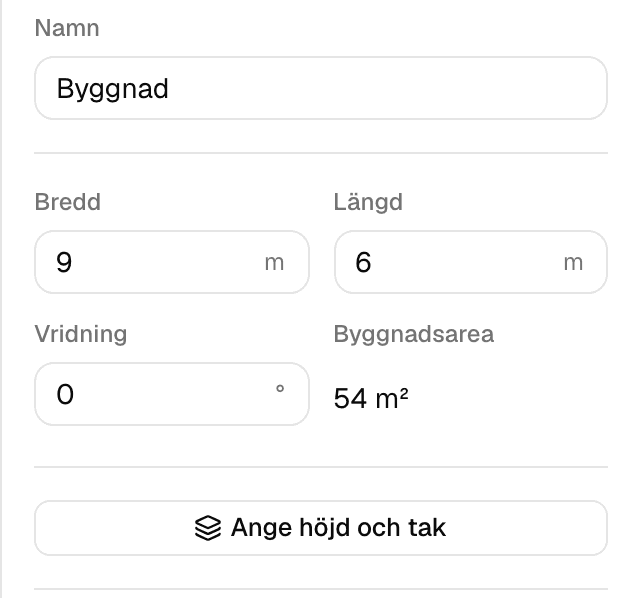 Objektpanelen med fält för namn, bredd, längd och vridning, och den uträknade byggnadsarean.