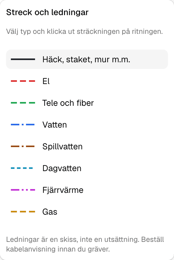 Väljaren för streck och ledningar med alternativ för häck och staket samt el, tele, vatten, spillvatten, dagvatten, fjärrvärme och gas, var och en med sin egen färg och sitt mönster.