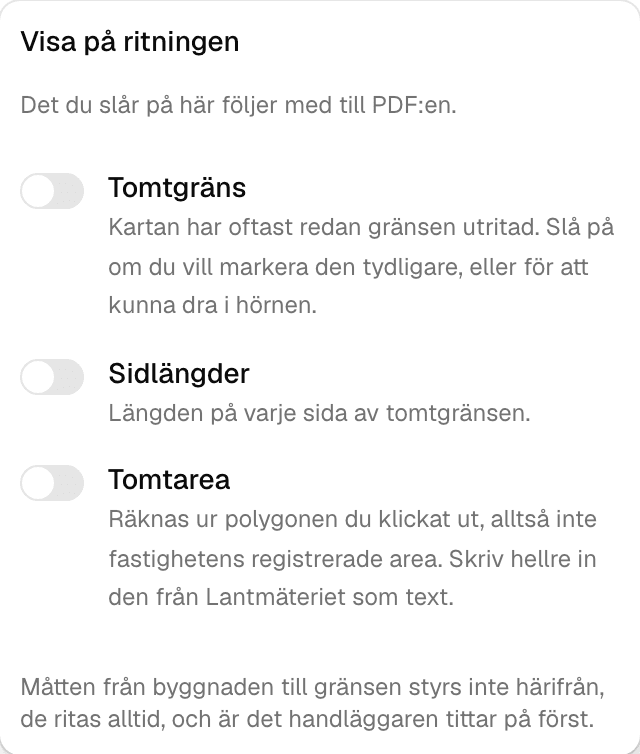 Popovern Visa på ritningen med reglagen Tomtgräns, Sidlängder och Tomtarea, var och en med en förklaring.